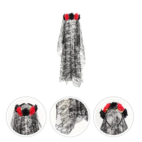Vista 7 de Diadema de rosas de Halloween flor diadema floral día del velo negro mexicano Halloween Rose Halloween novia velo diadema gótica ropa Festival