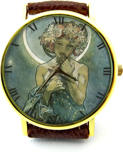 Vista 2 de La Luna Reloj de cuero, Moon Goddess Ladies Watch, Mucha Art Watch, Reloj unisex, Joyería de la diosa luna, Joyería de estilo vintage P322