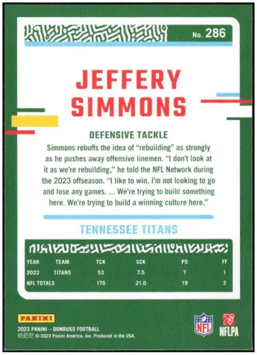 Vista 2 de JEFFERY SIMMONS 2023 Donruss #286 NM+-MT+ Football Titans