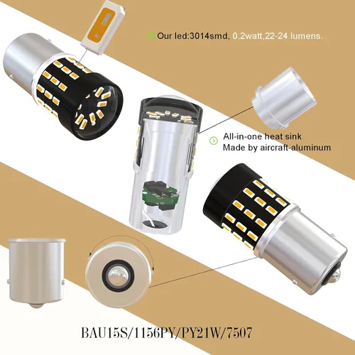 Vista 5 de BAU15S PY21W 1156PY 7507 7510 9507 Bombillas LED súper brillantes color amarillo ámbar de 54 SMD 3014 12V-24V para indicadores de posición, luz