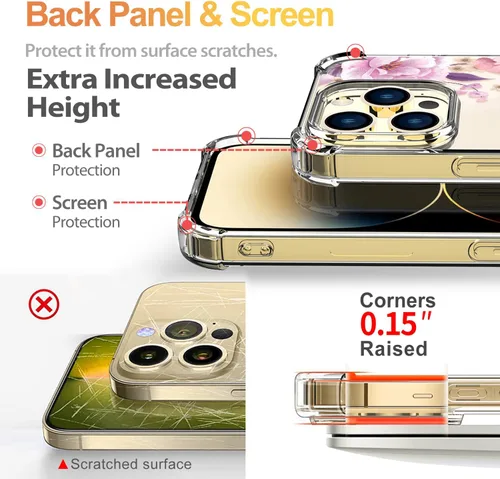 Vista 4 de Funda con diseño de patrón de flores para iPhone 13 Pro Max [con protector de pantalla], funda transparente floral para teléfono de mujer a prueba