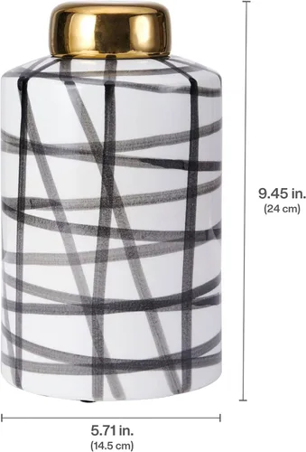 Vista 2 de Elements Tarro de cerámica con tapa de garabatos en blanco y negro de 9 pulgadas, recipiente decorativo de cerámica con tapa dorada para decoración
