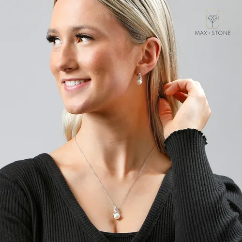 Vista 2 de MAX + STONE Juego de joyas de perlas de plata de ley con diamantes Pendientes y collar de perlas de agua dulce para mujer Juego de collar y aretes