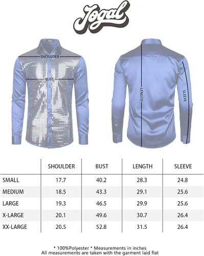 Vista 7 de Jogal - Camisa de vestir para hombre con lentejuelas plateadas, manga larga, botones, de los años 70, disfraz de fiesta o discoteca