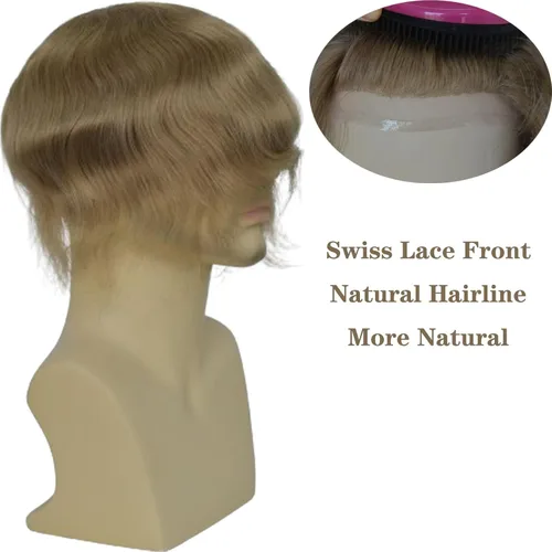Vista 2 de Voloria Swiss Full Lace Toupee Europeo Real Cabello Humano Reemplazo para Hombres Hairpiece #18 Rubio Ceniza Marrón
