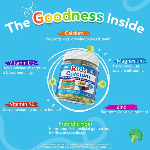 Vista 4 de Gomitas de calcio para niños de algas + vitamina D3 K2 para huesos y Suplemento de calcio a base de plantas para niños 400 mg + magnesio, zinc