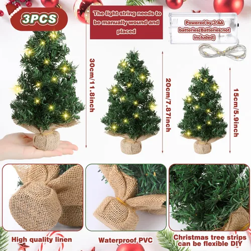 Vista 2 de Shappy 3 piezas de mini árbol de Navidad con luz preiluminada, árbol de Navidad artificial de mesa LED en miniatura con base de lino