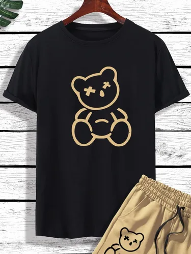 Vista 3 de GORGLITTER Conjunto casual de 2 piezas para hombre, camiseta con estampado gráfico de oso y pantalones cortos con cordón en la cintura con bolsillos