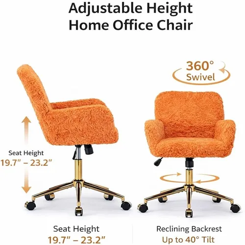 Vista 5 de Silla de tocador de piel sintética, silla de escritorio giratoria ajustable con ruedas y base dorada, cómoda silla ancha de maquillaje mullida