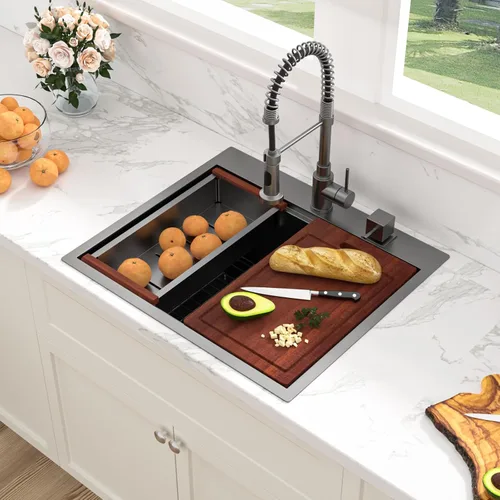 Vista 17 de Sarlai - Fregadero de cocina de cascada de 31 pulgadas, de montaje superior - 31x20 Fregadero de cocina con borde y estación de trabajo, de acero