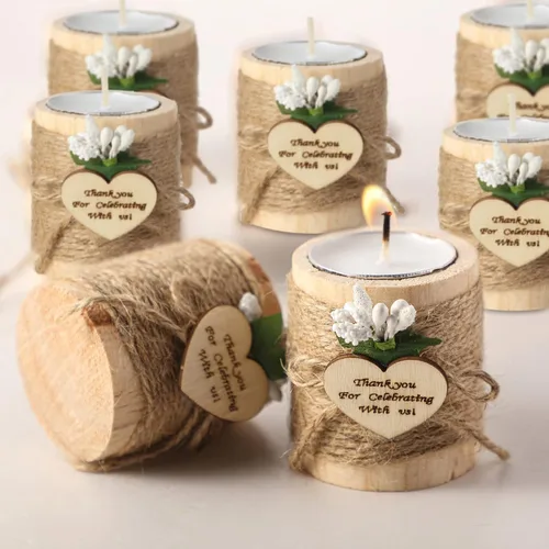Vista 9 de Treela 12 Piezas Portavelas de Madera para Velas de Té Portavelas para Despedida de Soltera Portavelas Cilíndricos de Madera Rústica con Velas de Té