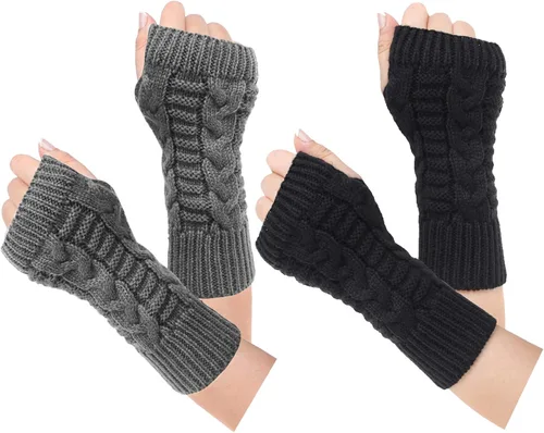 Vista 16 de Loritta Guantes sin dedos para mujer, calentadores de brazos con orificio para el pulgar de invierno de punto y ganchillo A1-beige/gris claro/gris