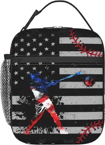 Vista 21 de Miaoquhe Lonchera de béisbol para hombres, bolsa de béisbol con bandera estadounidense para mujeres, bolsa de almuerzo para niños, bolsa de almuerzo