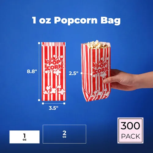 Vista 2 de Fit Meal Prep Paquete de 300 bolsas de papel para palomitas de maíz, porciones individuales, 1 onza, mangas clásicas de palomitas de maíz rojas