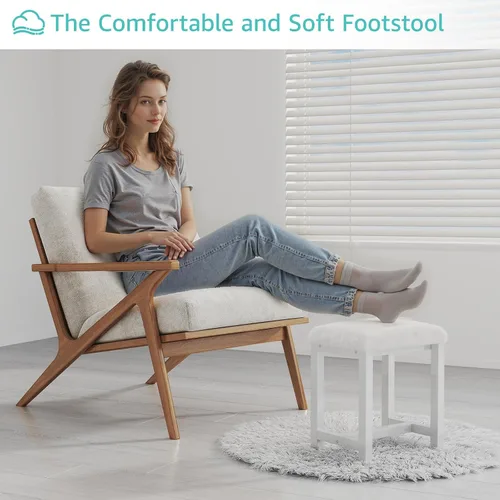 Vista 6 de Taburete Pequeño de Tocador, Lindos Taburetes de Tocador con Suave Cojín de Pelo Sintético de Conejo, Silla de Maquillaje Blanca para Espacios