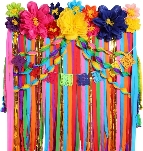 Vista 8 de TaoBary Juego de 28 piezas de decoración de fiesta mexicana, flores de papel mexicano, fiesta con volantes, fondo de papel picado, decoraciones