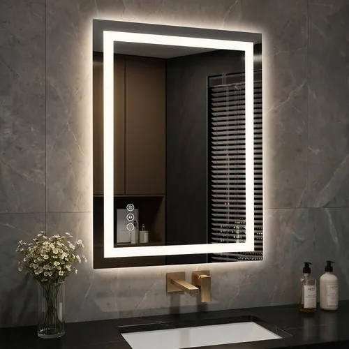 Vista 17 de Espejo de baño LED de 24x32'' con luz, marco de aluminio, regulable frontal y retroiluminado, antivaho, sin distorsión, memoria de luz, templado e