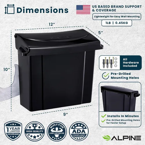 Vista 3 de Alpine - Recipiente para servilleta sanitaria, contenedor de eliminación de higiene femenina, cubo de basura montado en la pared con sello de Negro