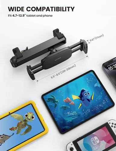 Vista 6 de Lamicall Soporte para tablet con reposacabezas de automóvil, con bloqueo, brazo de extensión 3 en 1, soporte de tableta mejorado para asiento