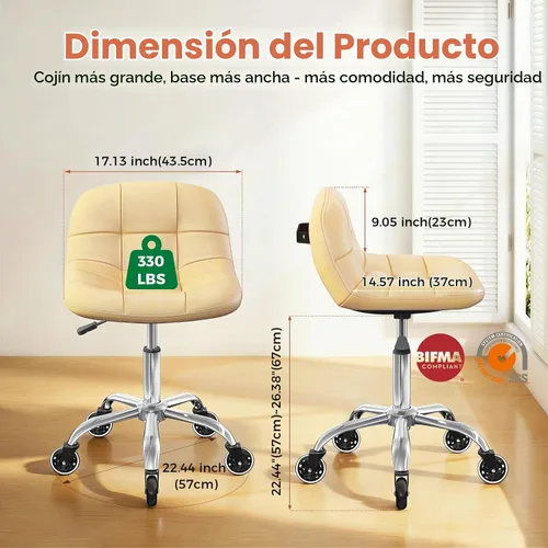 Vista 2 de Taburete enrollable con ruedas, taburete ajustable en altura con soporte para la espalda, silla de dibujo de oficina con cojín de piel sintética