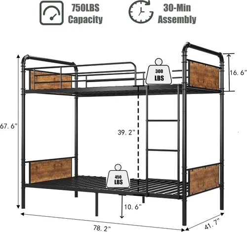 Vista 2 de Garvee Industrial Twin Over Twin Bunk Bed, Convertible to 2 Separate Single Beds, Sturdy Metal Bunk Bed, Detachable Ladder & High Safety Guardrails