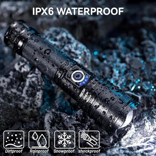 Vista 8 de Linternas LED recargables de alto lúmenes, 90,000 lúmenes, linternas súper brillantes con 5 modos, linterna de flash potente impermeable linterna