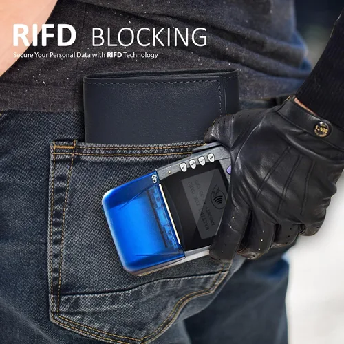 Vista 4 de Cartera de cuero RFID hecha a mano para hombres, elegante cartera de bolsillo frontal triple con 2 ranuras para identificación y 9 tarjetas, Azul