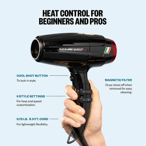 Vista 5 de Secador de pelo de alta velocidad BaBylissPRO 2000W Brushless Motor for All Hair Types, Engineered Airflow for Frizz-Free Results, Black, BRAP2