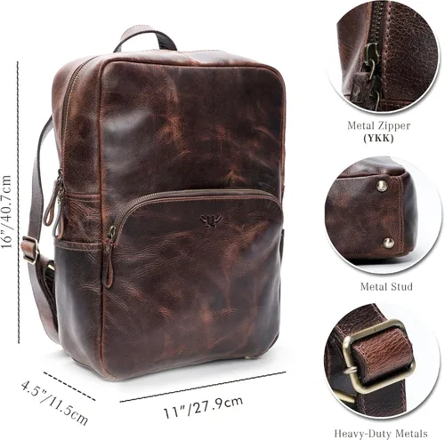 Vista 3 de Mochila de cuero hecha a mano para hombres y mujeres, bolsa para laptop de 15.6 pulgadas, cuero genuino, estilo retro, casual, para universidades