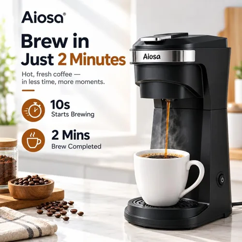 Vista 4 de Cafetera de una sola porción, KCup y café molido, preparación de un Negro