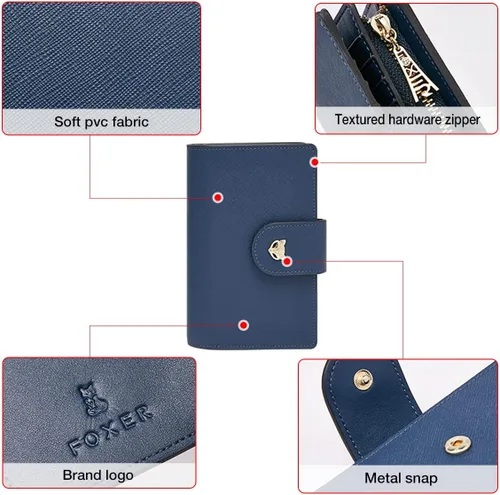 Vista 4 de FOXLOVER Carteras plegables para mujer con bloqueo RFID para regalo con cremallera para mujer Azul Moda