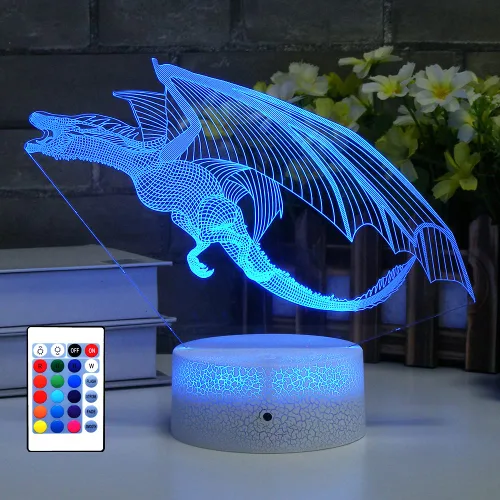 Vista 7 de Lámpara de dinosaurio, luz nocturna para niños, 16 colores con control remoto, ilusión óptica en 3D, regalo perfecto para niños y niñas