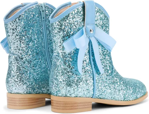 Vista 4 de Coutgo Botas vaqueras para niñas, botas de tacón bajo con purpurina, botas Azul