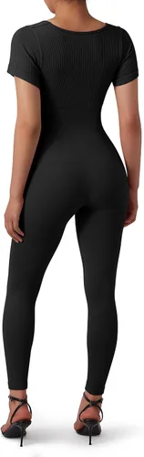 Vista 4 de SUUKSESS Monos acanalados de una pieza para mujer, de manga corta, para yoga