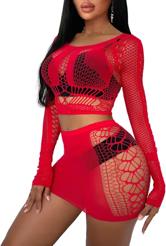 Vista 8 de Buitifo Lencería sexy para mujer, babydoll de red, ropa de noche, top exótico y minifalda Rojo rosa