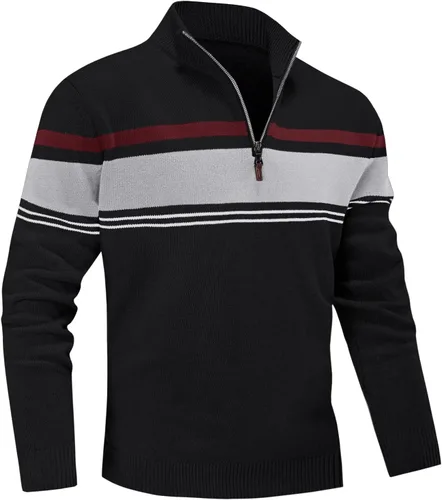 Vista 13 de MAGNIVIT Suéter para hombre, con cremallera de un cuarto, a rayas, para otoño, invierno, primavera, bloque de color, polo, sudaderas Negro