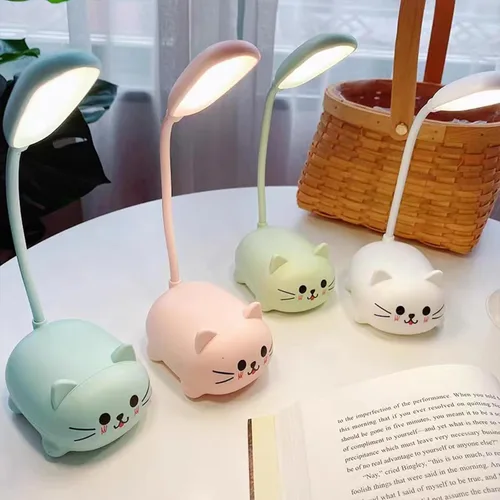 Vista 4 de Neioaas Lámpara LED de escritorio para niños, bonita lámpara de gato luz de lectura recargable por USB, luz de mesa LED portátil, cuello de ganso