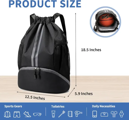 Vista 2 de Mochila de gimnasio con cordón y compartimento para zapatos, para fútbol, baloncesto, natación, resistente al agua, mochila de playa para mujeres