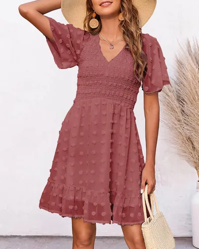 Vista 3 de BTFBM - Vestido casual de manga corta con cuello en V para mujer con lunares suizos dobladillo con volantes vestidos cortos de playa para el verano