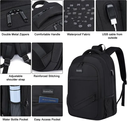 Vista 4 de Mochila Asenlin para portátil de viaje para mujeres y hombres, mochila resistente al agua para negocios, delgada y resistente, con puerto USB
