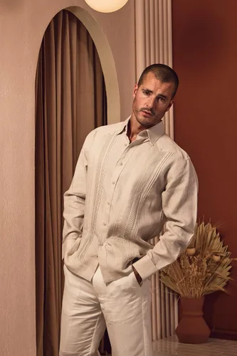 Vista 6 de Mojito - Camisa plisada de manga larga con puños franceses, 100% lino, estilo guayabera, formal, para hombre