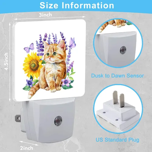 Vista 3 de Lindas flores de gatito y lavanda, mariposas de girasol con enchufe floral con sensor automático de atardecer a amanecer, luces nocturnas cálidas
