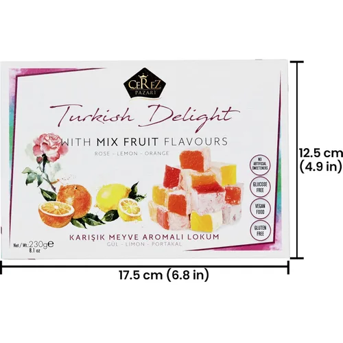Vista 6 de Cerez Pazari Delicia turca con sabores de mezcla de rosa, naranja y limón, 8.1 onzas, caja de regalo gourmet de bocadillos de tamaño pequeño, sin