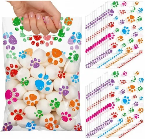Vista 8 de Pasimy 100 bolsas de regalo de pata de perro a granel, diseño de pata de mascota, bolsas de plástico con asa para decoración de fiesta de cumpleaños