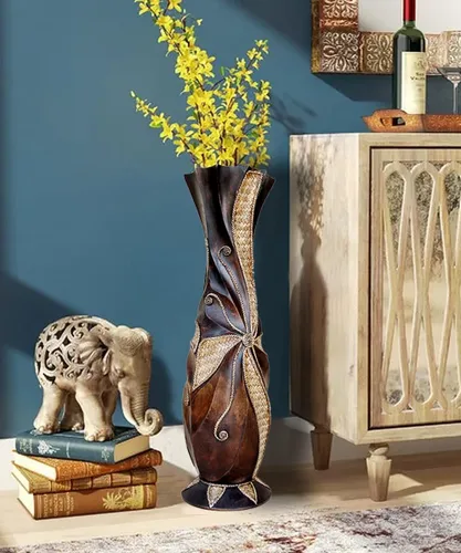 Vista 2 de Jarrón alto de suelo de 24 pulgadas, diseño hecho a mano, grandes jarrones decorativos de madera marrón con tiras de bambú tejidas, jarrón