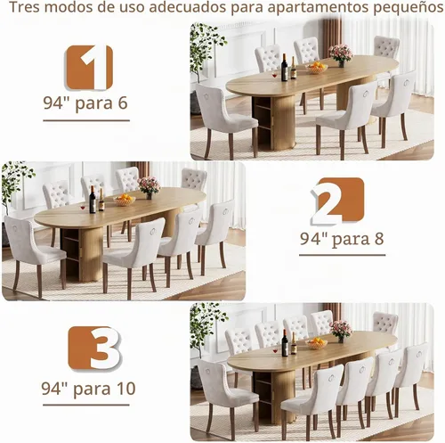 Vista 2 de Mesa de comedor redonda extensible con base de almacenamiento, mesa de comedor expandible natural de 63 a 94 pulgadas para 10 personas, mesa