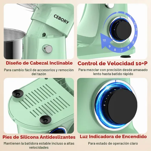 Vista 6 de CEBORY Batidora de pie, 4QT 10+P-Speed Mezclador de cocina eléctrico con verde ( Agave Green )