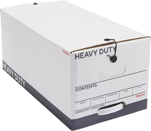Vista 10 de STAPLES Caja de archivos resistente, tapa de cuerda y botón, legal, blanco/gris, paquete de 4