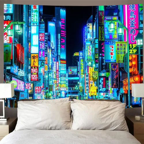 Vista 6 de iTapnoom Tapiz de anime japonés de neón punk, ciudad futurista, tapiz para colgar en la pared para hombres y niños, dormitorio, futuro fresco