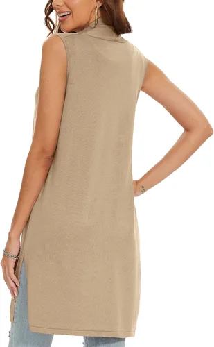 Vista 4 de Chaleco de punto largo para mujer, sin mangas, con bolsillos, frente abierto, drapeado, chaleco casual
